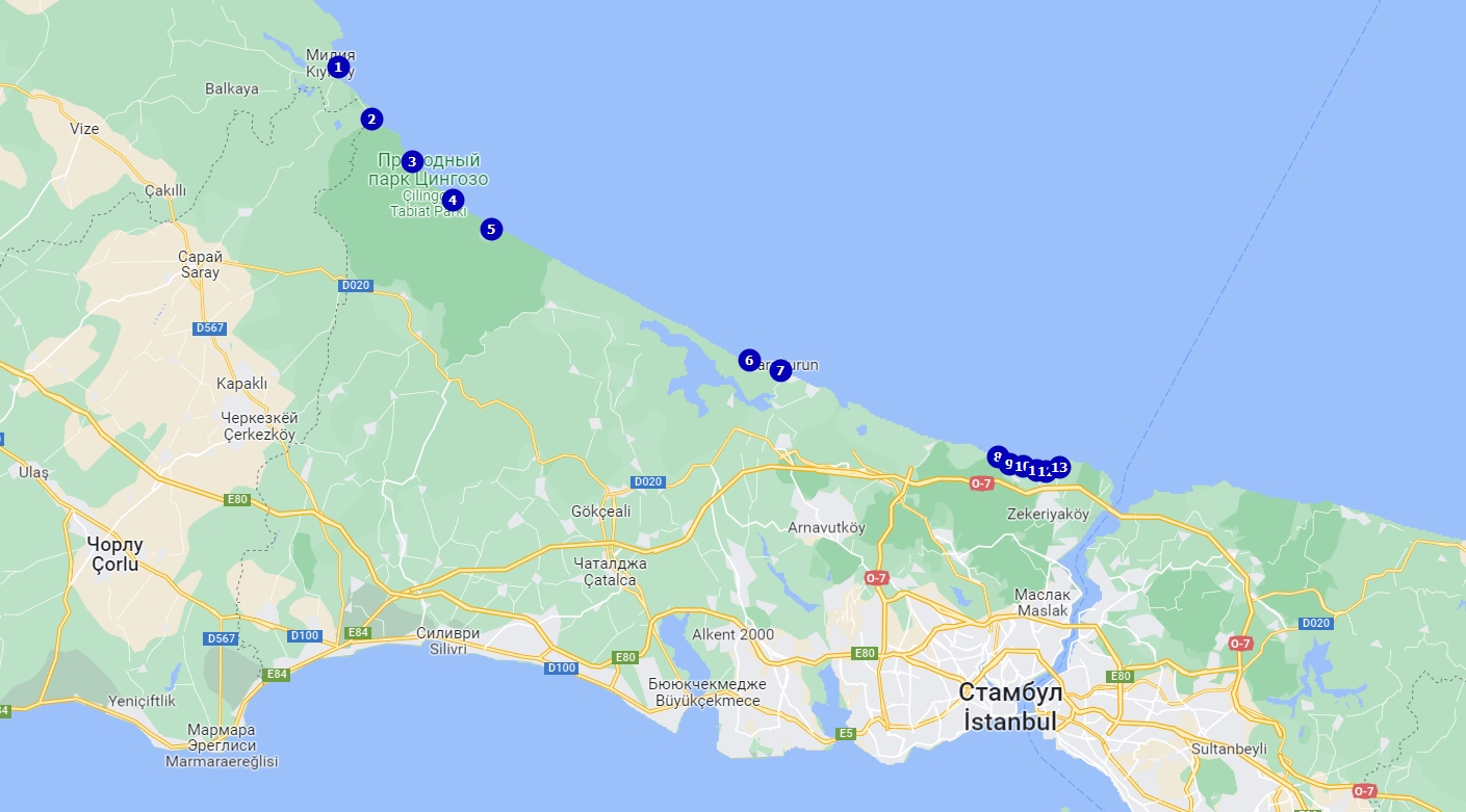 Пляжи на Чёрном море, слева от Босфора