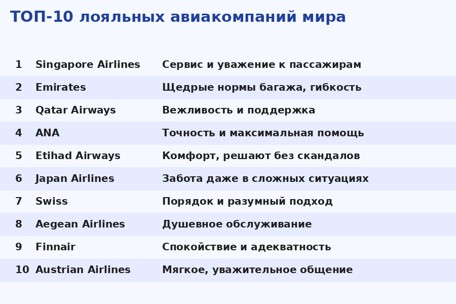 ТОП-10 самых лояльных и дружелюбных авиакомпаний