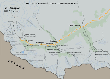 Карта популярных туристических мест Приэльбрусья